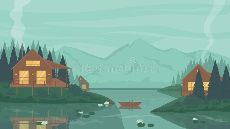 Bungalow wooden house in mountain landscape, calm waters of lake or river, stilt cottages