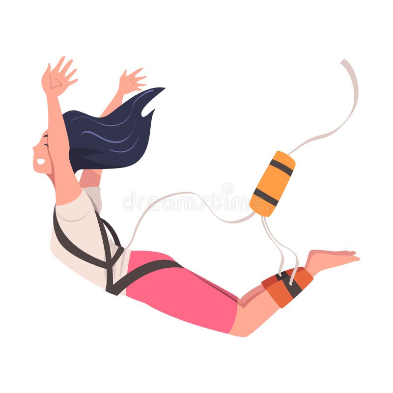 Bungee Jumping with Woman Character Free Falling Down from Great Height Connected to Elastic Cord Vector Illustration