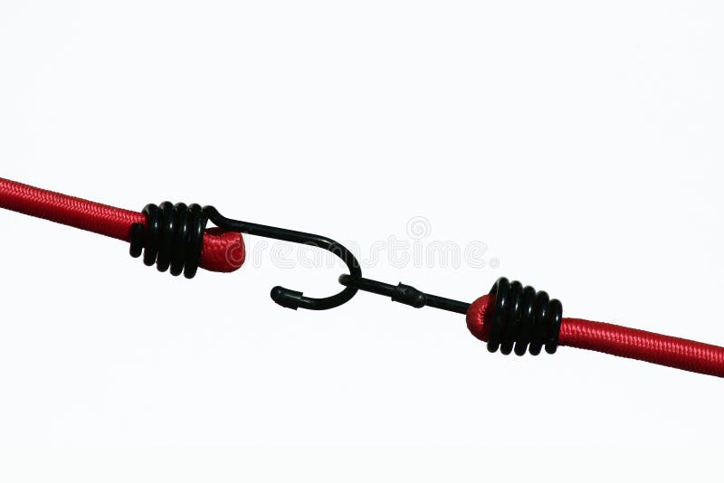 Two red bungie cords hooked together against white background. Two red bungie cords hooked together against white background
