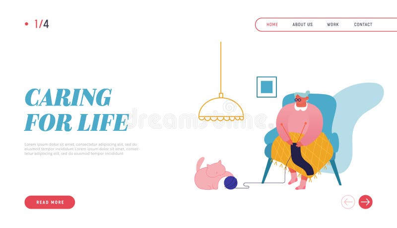 Bunica care se bucură de pagina de aterizare a site-ului web de croitorie. femeie în vârstă care stă pe canapea și tricotează hain stock illustration
