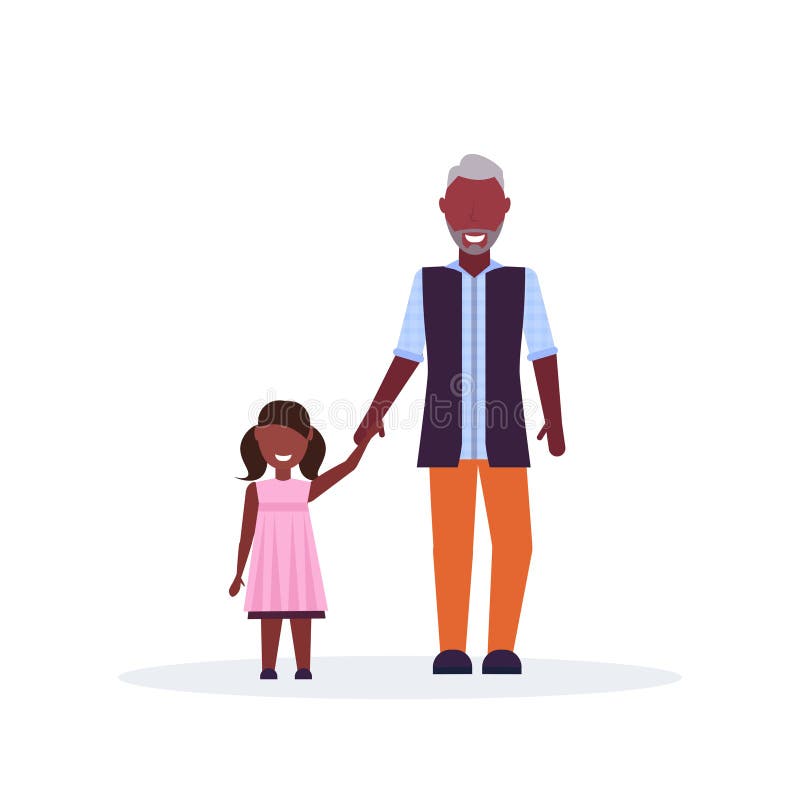 Bunicul și nepoata stând împreună, bătrân american african, ținându-se de mână o fetiță de familie stock illustration