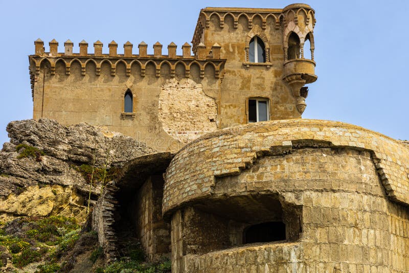 View of Bunkers de Tarifa and Castillo de Santa Catalina. Tarifa, Andalusia, Spain. Sunny spring day