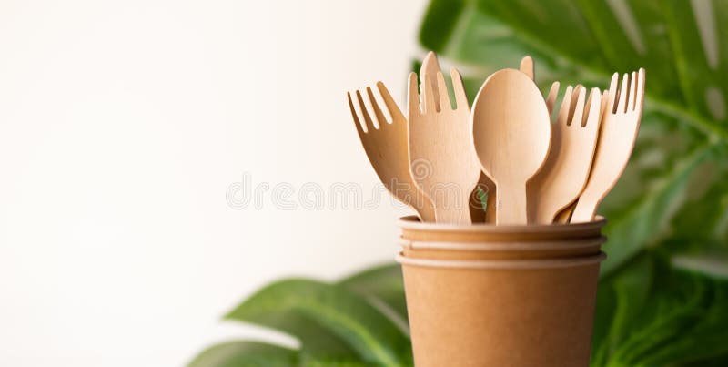 Bunner eco freundliche Wegwerfküchengeschirrgeräte auf weißem Hintergrund. Holz Gabeln und Löffel in der Papierschale. und grün lizenzfreie stockfotografie
