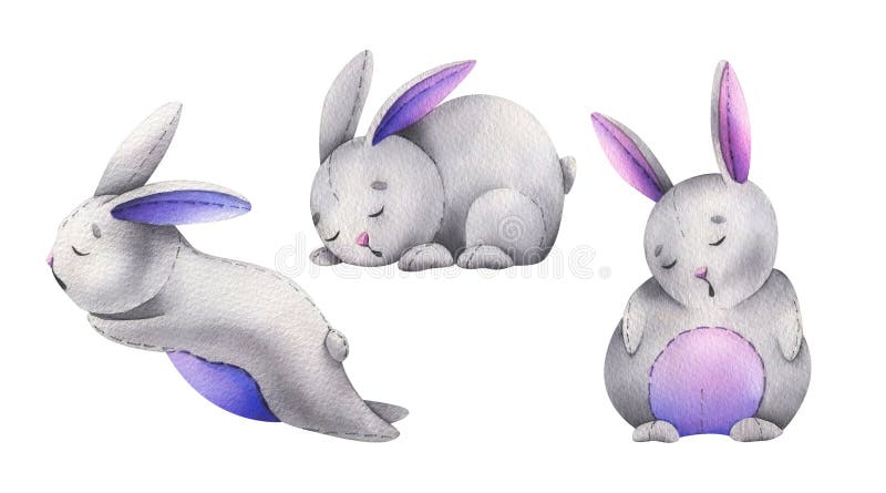 Bunnies sewn from fabric in gray, pink and purple with stitches of thread sits sleeping. Hand drawn watercolor illustration for poster, postcard. Set of isolated object on a white background. Bunnies sewn from fabric in gray, pink and purple with stitches of thread sits sleeping. Hand drawn watercolor illustration for poster, postcard. Set of isolated object on a white background