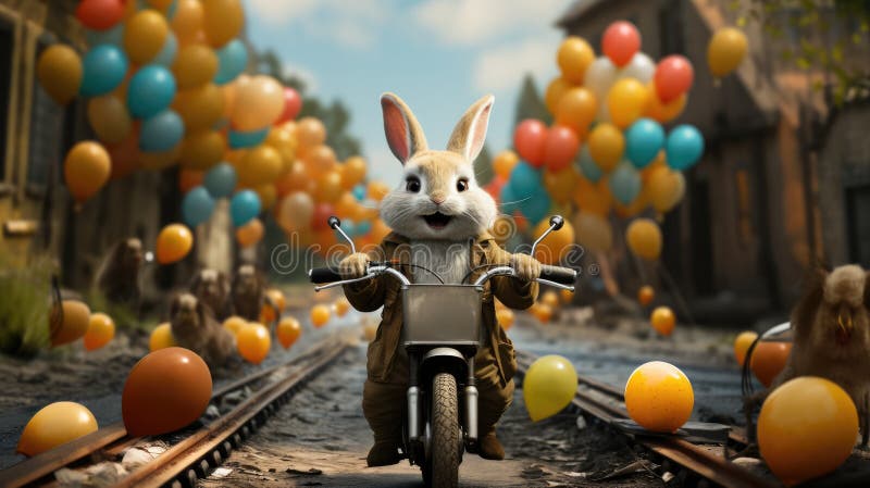 bunny on a bike behind colored balloons. AI generated