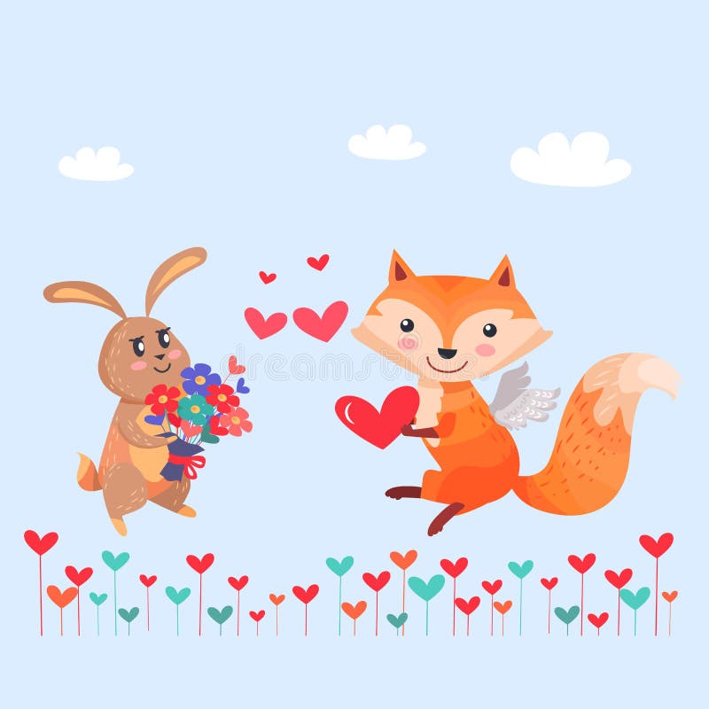 Bunny with Bouquet of Flowers and Fox with Wings