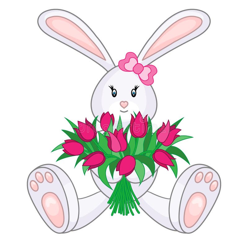 Bunny with Bouquet of Tulips Stock Vector Illustration of background