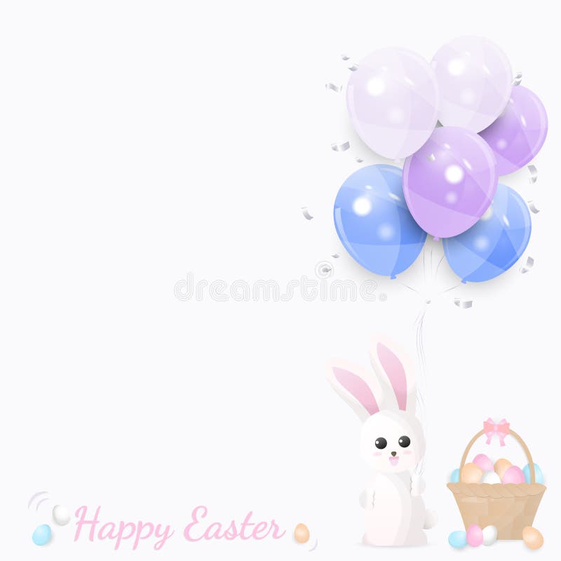 Bunny Holding Balloons and Easter Egg Basket with Copy Space Stock