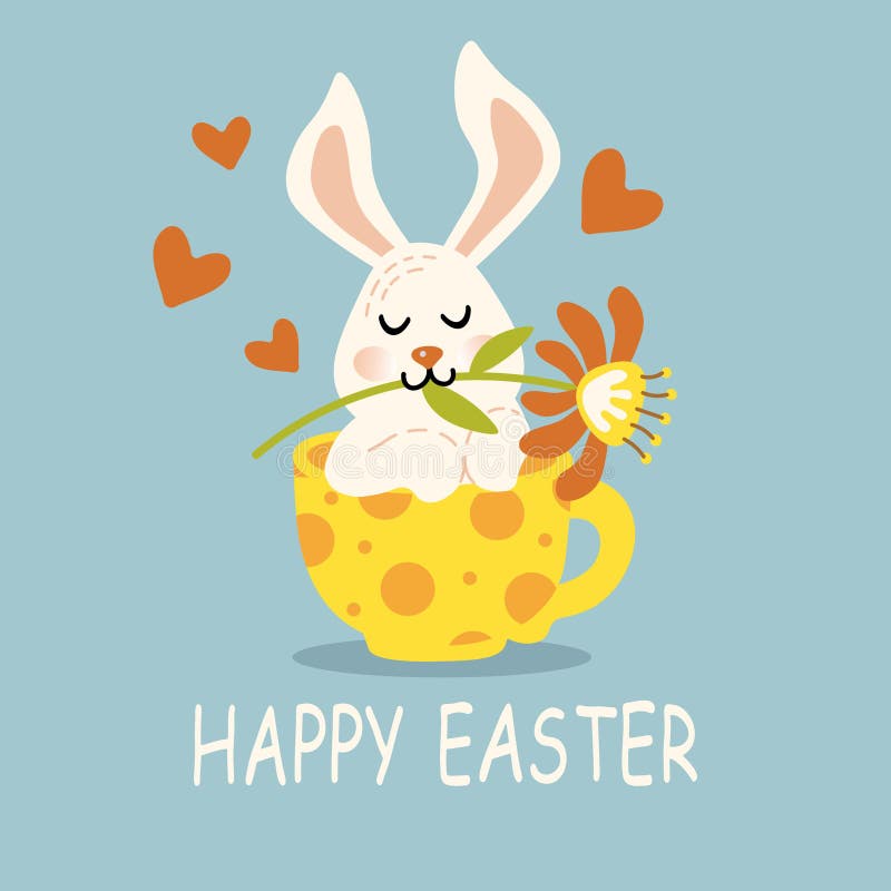 Bunny Holding Flower in Teeth Happy Easter Stock Vector Illustration
