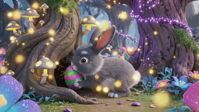 A bunny resting inside a magical forest, surrounded by glowing lights, Easter eggs, and soft pastel decorations vector illustration