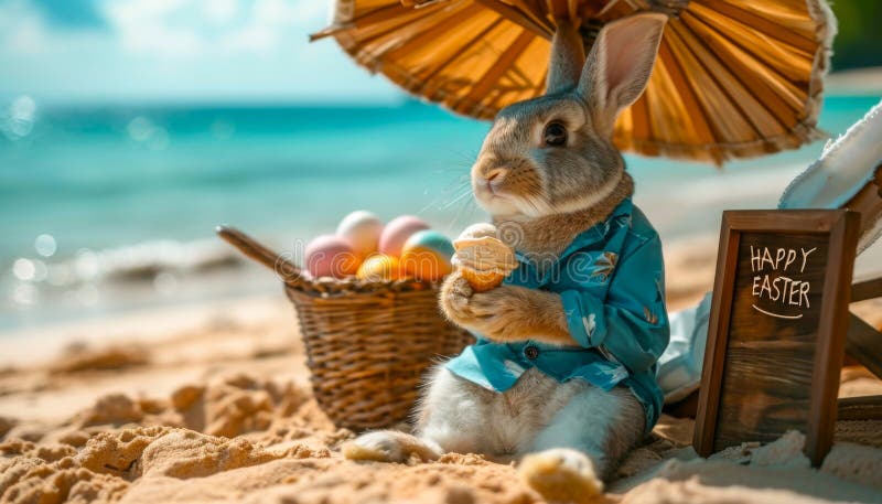 A bunny in sunglasses and Hawaiian shirt enjoys ice cream by a \ Happy Easter\  sign