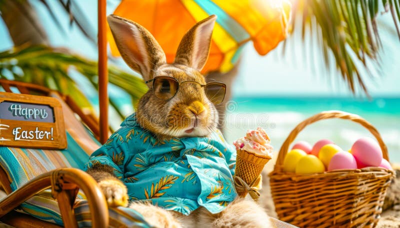 A bunny in sunglasses and Hawaiian shirt enjoys ice cream by a \ Happy Easter\  sign