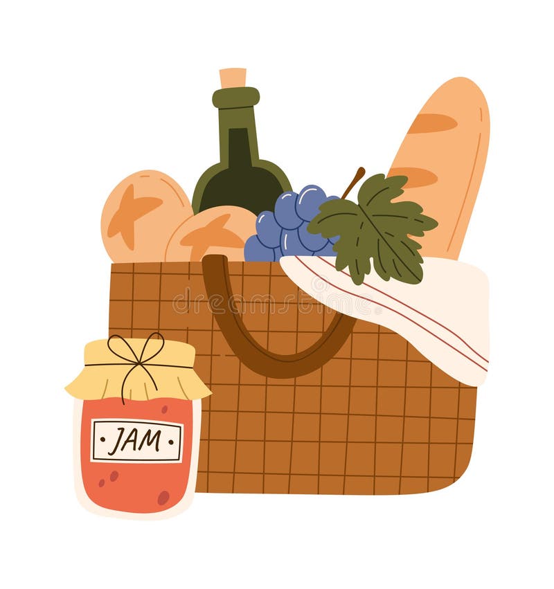 Buns, Bread and Jam in Picnic Basket Stock Vector Illustration of