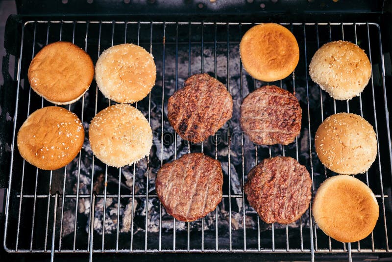 Buns and Meat Patties Grilled for Outdoors Barbecue Stock Photo Image