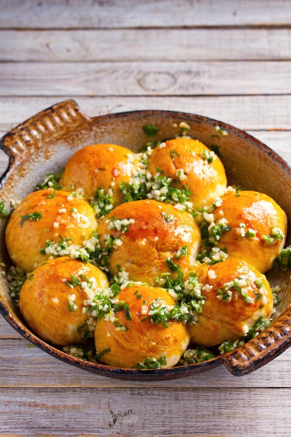 Buns Pampushky Ukrainian Garlic Bread. Bread Rolls with Garlic and