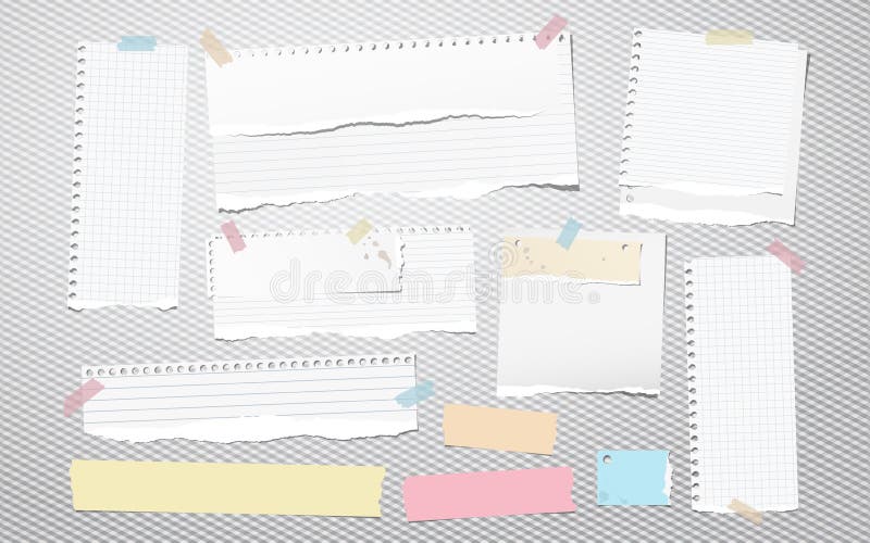 Bunt und weißes zerrissen zeichnete Notizbuchpapier, die heftigen Briefpapierstreifen, die auf quadratischem Hintergrund gehaftet lizenzfreie abbildung