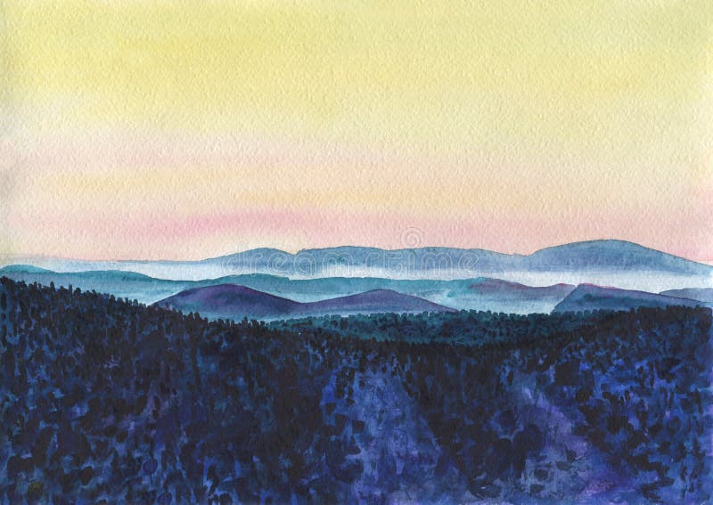 Bunte Berglandschaft mit einem Dunst bei Sonnenuntergang lizenzfreie abbildung Bunte Berglandschaft mit einem Dunst bei Sonnenuntergang lizenzfreie abbildung