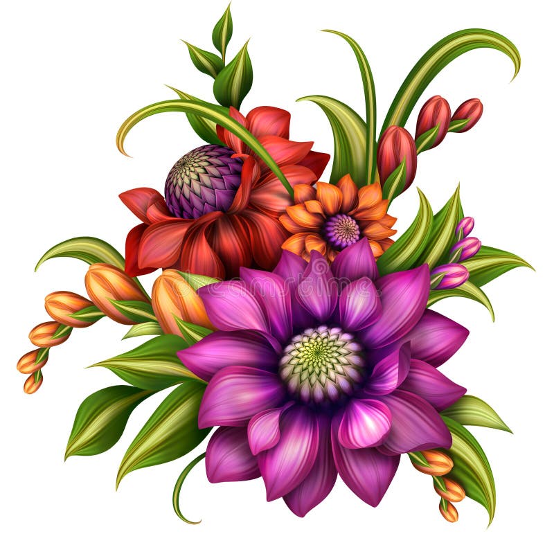 Bunte Blumenanordnung mit grünen Blättern stock abbildung