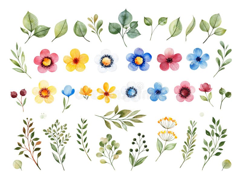 Bunte Blumensammlung mit mehrfarbigen Blumen, Bl?tter, Niederlassungen, Beeren lizenzfreie abbildung Bunte Blumensammlung mit mehrfarbigen Blumen, Bl?tter, Niederlassungen, Beeren lizenzfreie abbildung