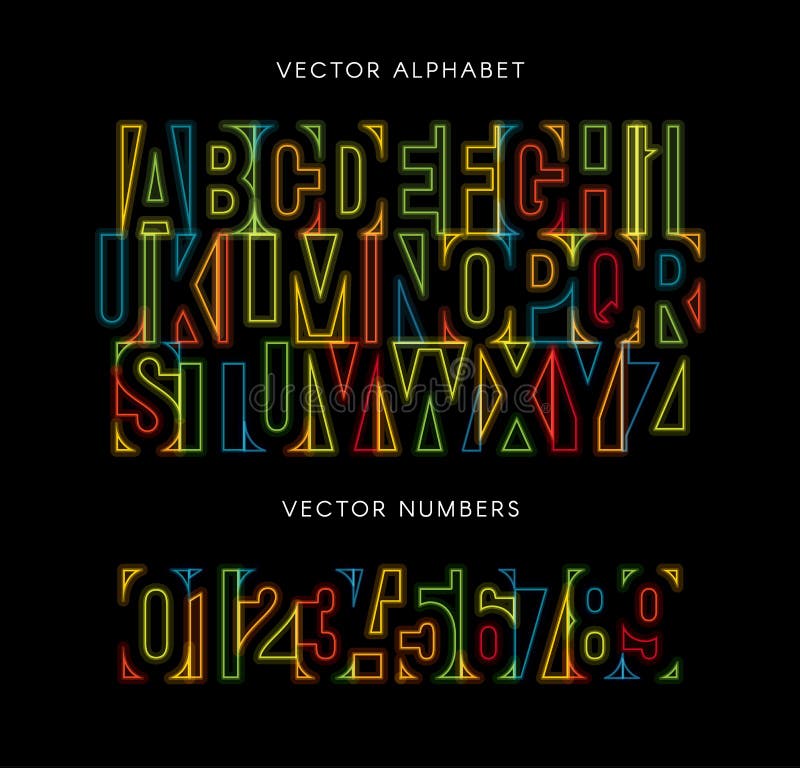 Bunte Buchstaben und Zahlsatz Farbiges lateinisches Alphabet des Vektors Regenbogenfarbguß Geometrische glühende Neonlinien ABC vektor abbildung