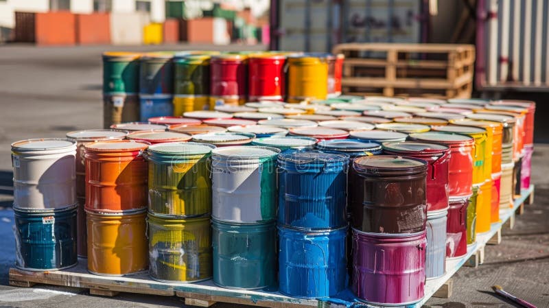 Bunte Dosen, die auf einer Palette aufgestapelt sind, die transportiert und für den letzten Schliff eines Gebäudes verwendet werde stockbilder