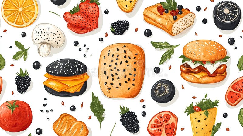 Bunte flache Lagen verschiedener Lebensmittel, einschließlich Burger Brot Obst und Gemüse auf weißem Hintergrund stock abbildung