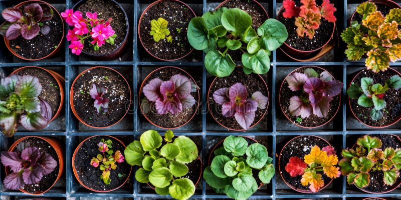 Bunte Gartenblumensäcke in Kunststofftöpfen. Pflanzenzüchtung. obere Ansicht vektor abbildung