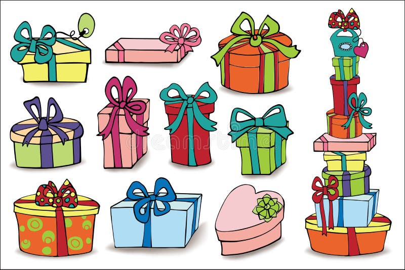 Bunte Geschenkboxen mit Schatten Hand gezeichnete abstrakte Blumenabbildungen stock abbildung