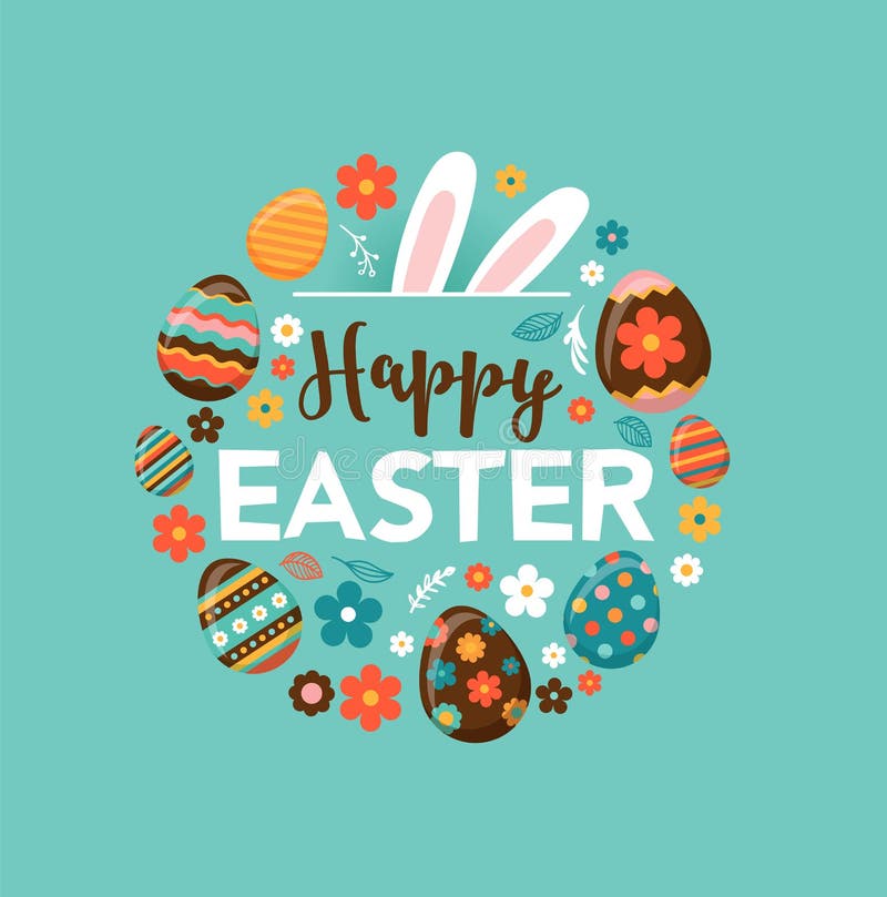 Bunte glückliche Ostern-Grußkarte mit Kaninchen, Häschen und Text