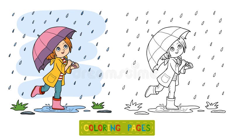 Bunte grafische Abbildung Mädchen, das mit einem Regenschirm im Regen läuft