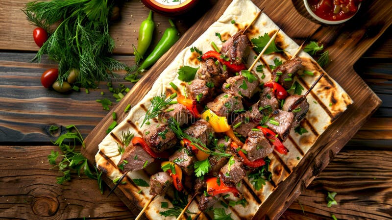 Bunte Grillspieße mit Gemüse auf einer Holzplatte. köstliche Kebabs, die mit Kräutern geschmückt und mit stockfoto