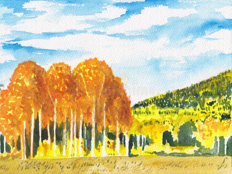 Bunte helle Herbstlandschaft Fallhintergrund Handgemalte Illustration des Aquarells Bäume skizzieren, goldene Waldszenenkarte stock abbildung Bunte helle Herbstlandschaft Fallhintergrund Handgemalte Illustration des Aquarells Bäume skizzieren, goldene Waldszenenkarte stock abbildung