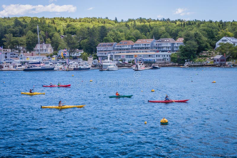 Bunte Kayakers schaufeln in Boothbay-Hafen, Maine