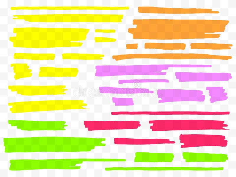 Bunte Leuchtmarker eingestellt Gelbe, grüne, purpurrote, rote und orange Markierungen Transparente Hand gezeichnete Bürstenlinien lizenzfreie abbildung Bunte Leuchtmarker eingestellt Gelbe, grüne, purpurrote, rote und orange Markierungen Transparente Hand gezeichnete Bürstenlinien lizenzfreie abbildung
