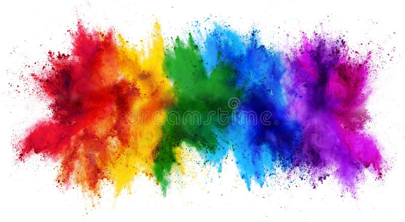 Bunte lokalisierter wei?er breiter Panoramahintergrund des Regenbogen holi Farbenfarbpulvers Explosion Bunte lokalisierter wei?er breiter Panoramahintergrund des Regenbogen holi Farbenfarbpulvers Explosion