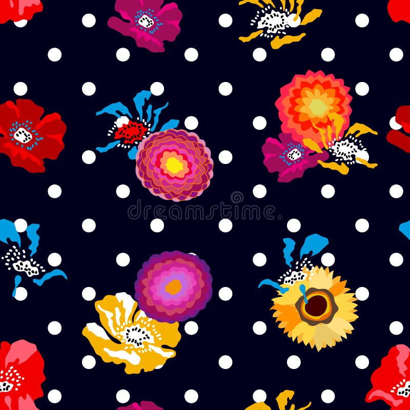 Bunte Mohnblumen und Astern auf dunkelblauem punktiertem Hintergrund vektor abbildung Bunte Mohnblumen und Astern auf dunkelblauem punktiertem Hintergrund vektor abbildung