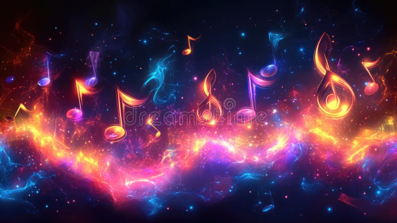 Bunte musikalische Noten in lebendigem kosmischem Nebel lizenzfreie stockfotografie