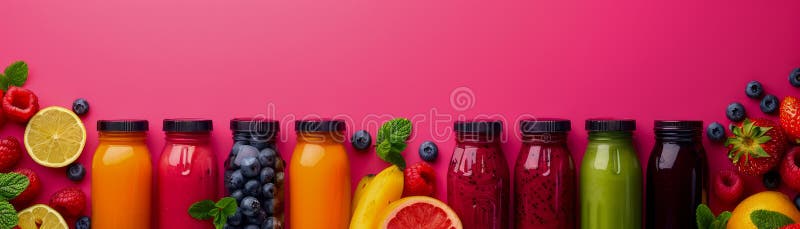 Bunte Obstsaftsorten in Flaschen auf lebhaftem rosa Hintergrund Gesundes Getränkekonzept Detox Diet Drink Vielfalt ai generative