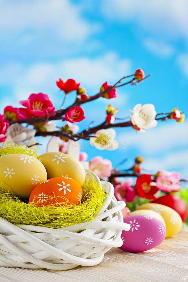 Bunte Ostereier, weißes Nest und Niederlassungen mit Frühlingsblumen auf Hintergrund des Holztischs und des blauen Himmels stockfotos
