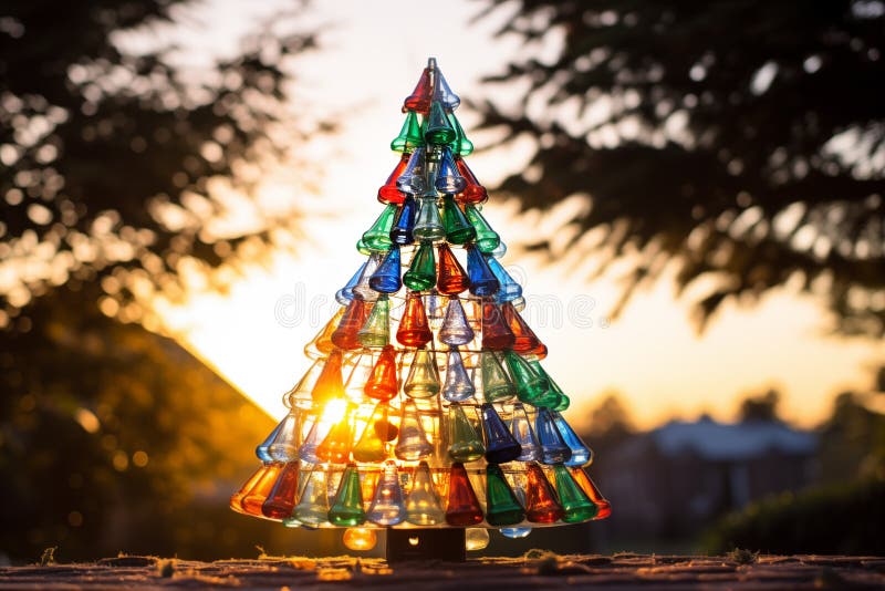 Bunte Plastikflasche Weihnachtsbaum bei Sonnenuntergang. generative Hilfe stock abbildung