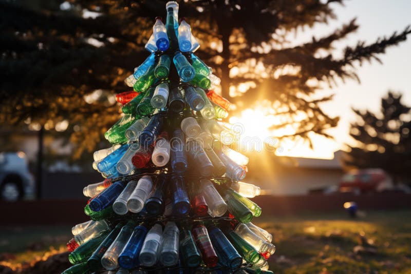 Bunte Plastikflasche Weihnachtsbaum bei Sonnenuntergang. generative Hilfe lizenzfreie abbildung