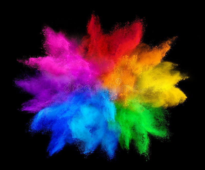 Bunte Regenbogen holi Farbenfarbpulverexplosion isoliert auf dunklem schwarzen Hintergrund. schönes Parteikonzept Friedensrgb-Spie