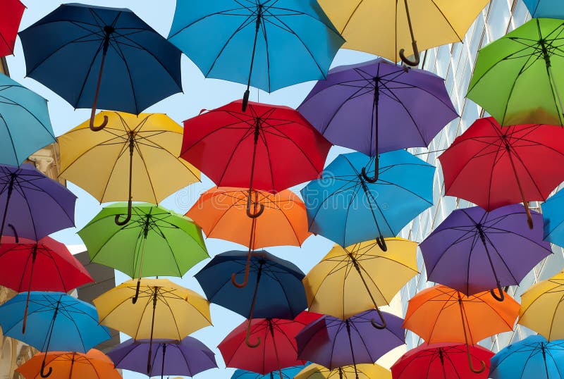 Lots of colorful umbrellas opposite opposite sky in the city of Belgrade,Serbia. Lots of colorful umbrellas opposite opposite sky in the city of Belgrade,Serbia