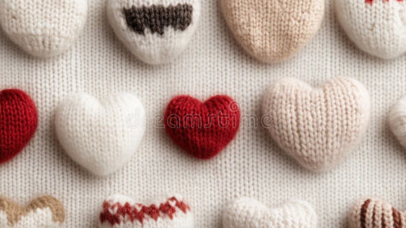 Bunte Strickherzen auf weichem Stoffuntergrund lizenzfreies stockbild