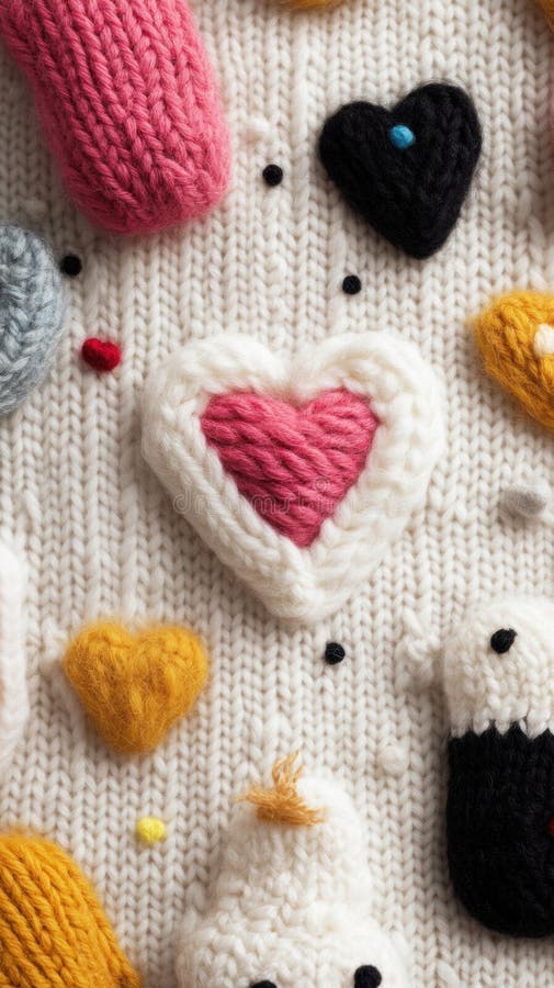Bunte Strickherzen und -formen auf einem gemütlichen Stoffuntergrund stockbilder