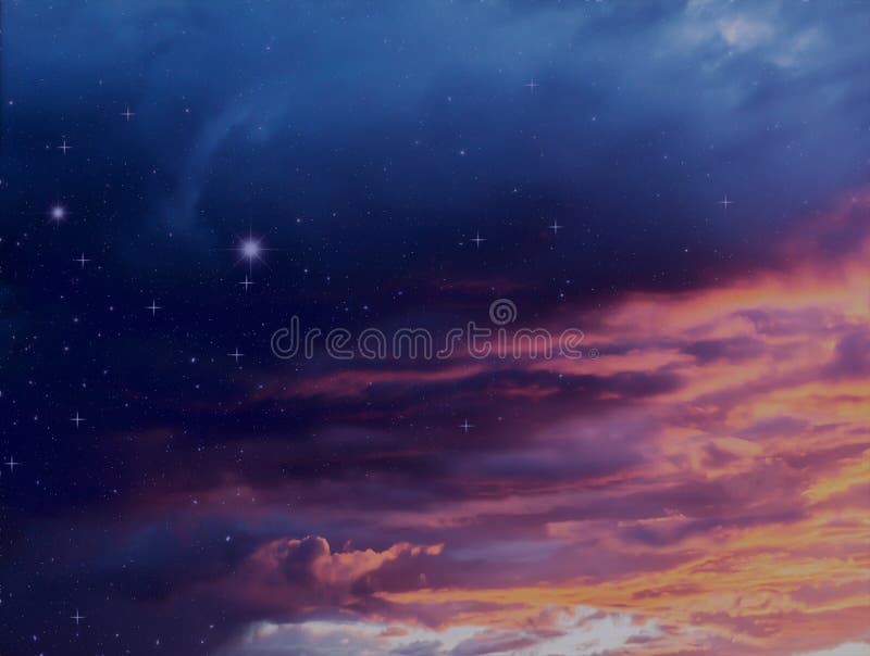 Bunte Sturmwolken am Sonnenuntergang und am nächtlichen Himmel mit glühender himmlischer Galaxie des Sternnaturillustrations-Hint vektor abbildung