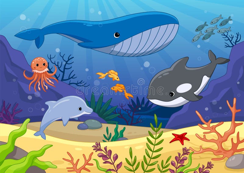 Farbenfrohe Unterwasserwelt mit Walen und Delfinen stock abbildung