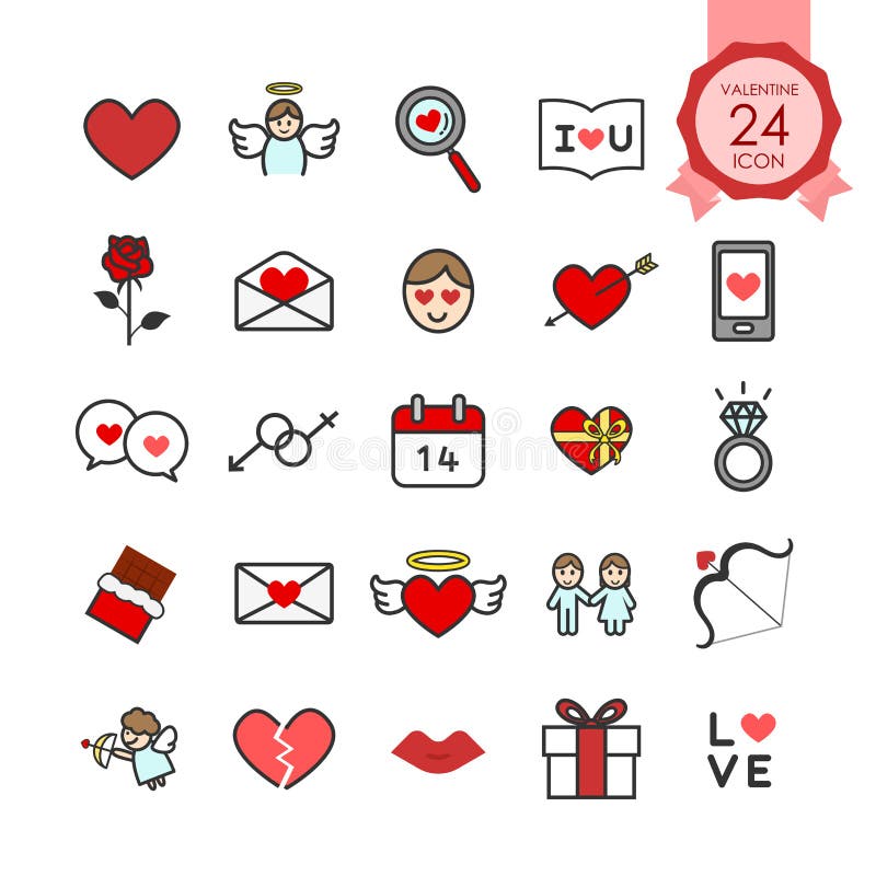 Bunte Zeichen und flache Ikonen der Symbole stellten vom Herzen und von den romantischen Elementen für Valentinsgrußtag ein lizenzfreie abbildung Bunte Zeichen und flache Ikonen der Symbole stellten vom Herzen und von den romantischen Elementen für Valentinsgrußtag ein lizenzfreie abbildung