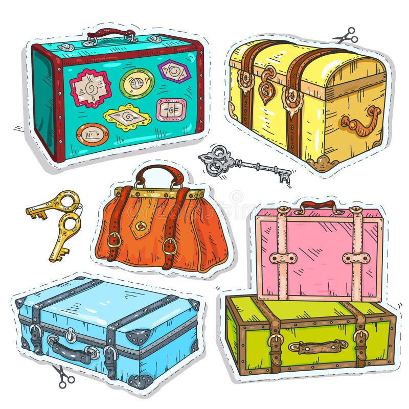 Bunter Aufkleber, stellte Retro- Gepäck, alten Weinlesekoffer, Kasten und Tasche ein stock abbildung Bunter Aufkleber, stellte Retro- Gepäck, alten Weinlesekoffer, Kasten und Tasche ein stock abbildung