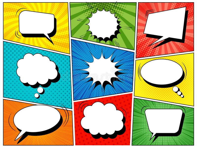 Colorful comic book background with blank white speech bubbles of different shapes in pop-art style. Rays, radial, halftone, dotted effects. Vector illustration. Colorful comic book background with blank white speech bubbles of different shapes in pop-art style. Rays, radial, halftone, dotted effects. Vector illustration